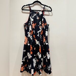 Navy & Coral Floral Cocktail Dress with pockets, high neck and full skirt